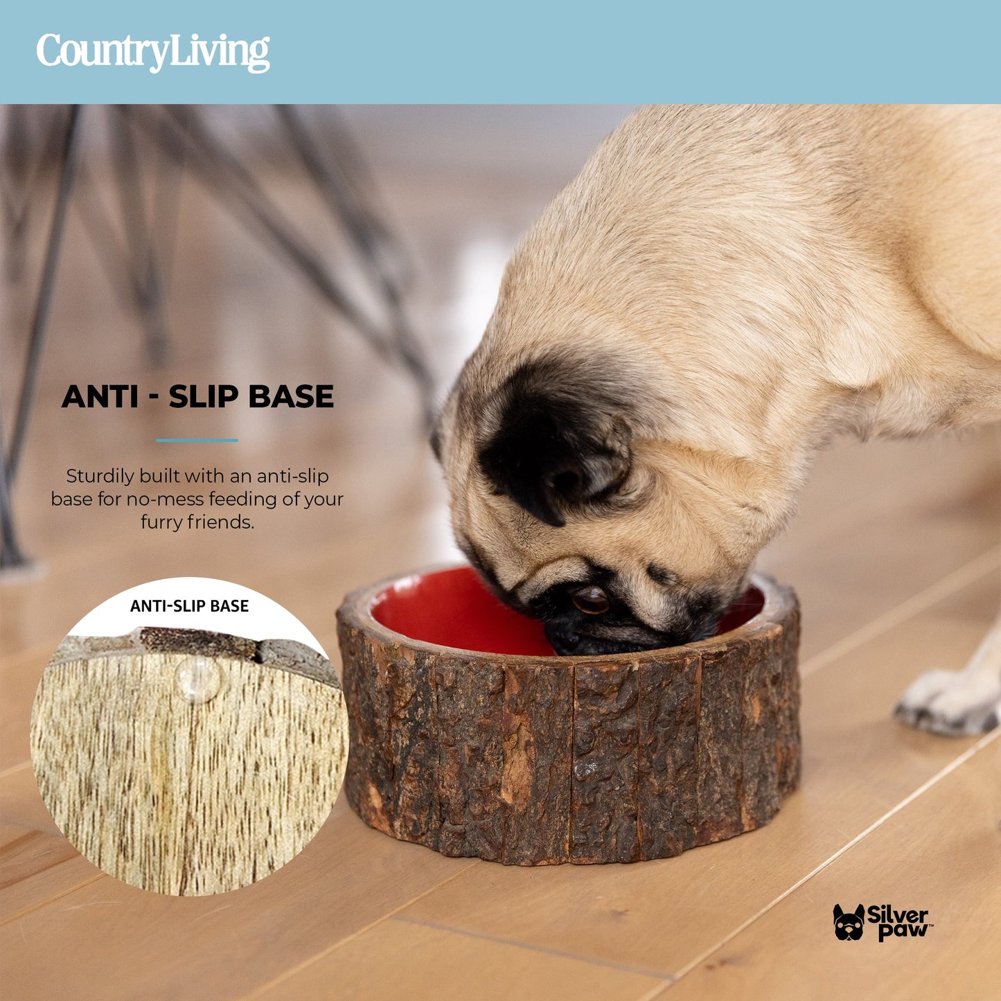 Farmhouse wooden dog bowl.