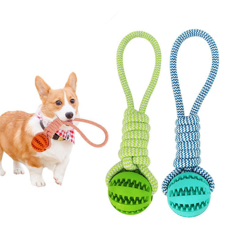 Durable rubber chew toy with cotton rope.