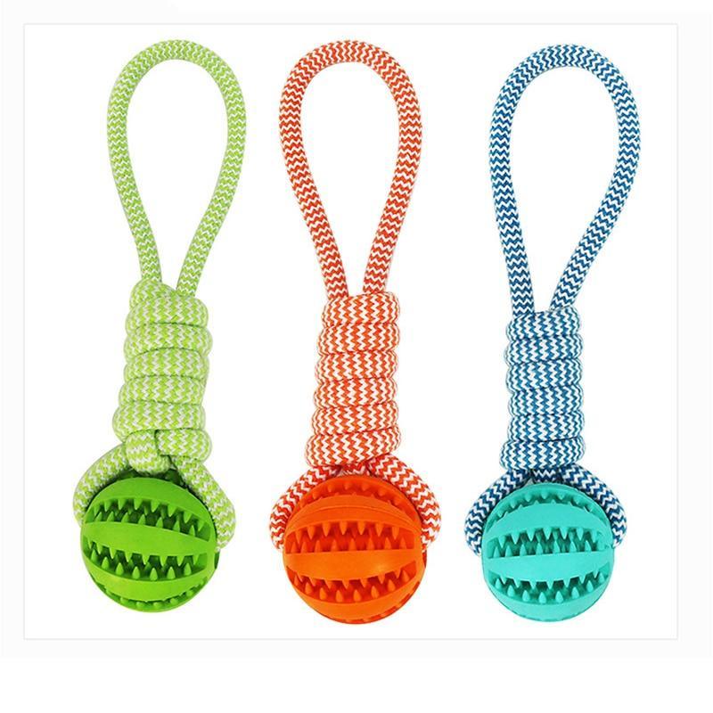 Durable rubber chew toy with cotton rope.