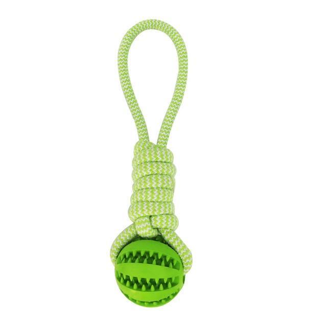 Durable rubber chew toy with cotton rope.