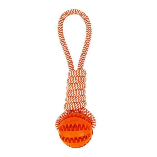 Durable rubber chew toy with cotton rope.