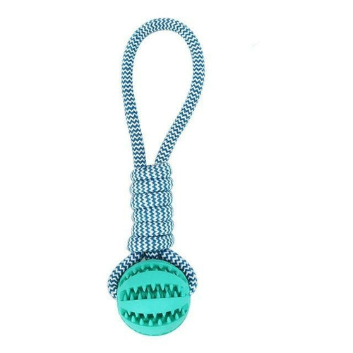 Durable rubber chew toy with cotton rope.
