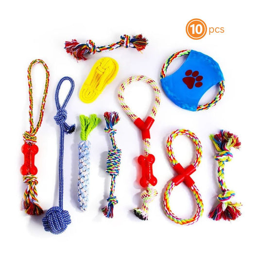 Assortment of braided cotton rope chew toys for dogs